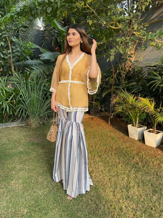 Noor Organza Angrakha Kurta with Printed Gharara Pants and Long Camisole - Set of 3